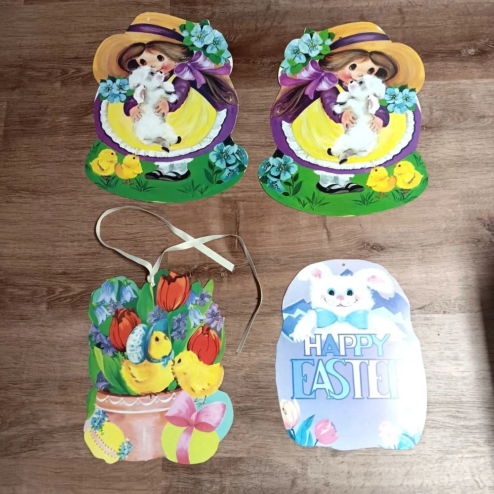 Vintage Easter‎ Die Cut Wall Decor Lot 4 Bunny Lamb Chick Cardboard Cutouts